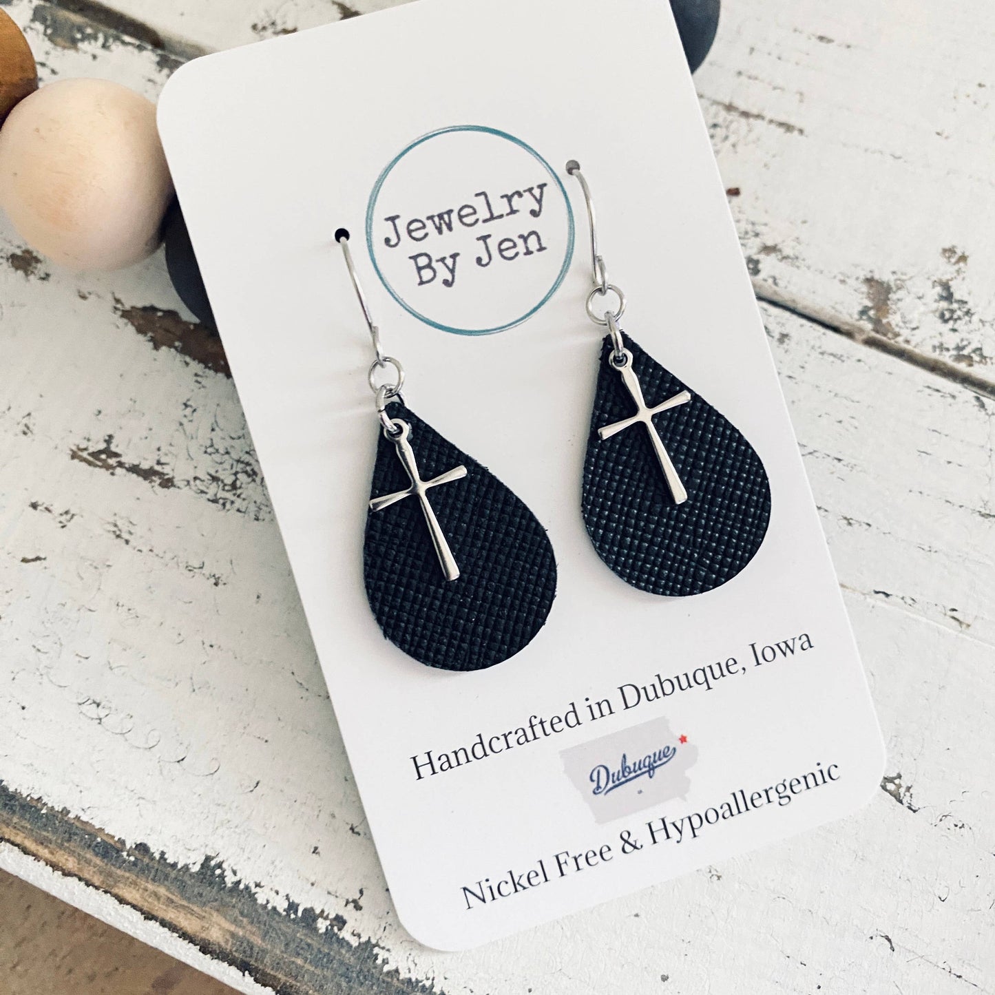 Teardrop Earring w/Cross Charm (Brown or Black)