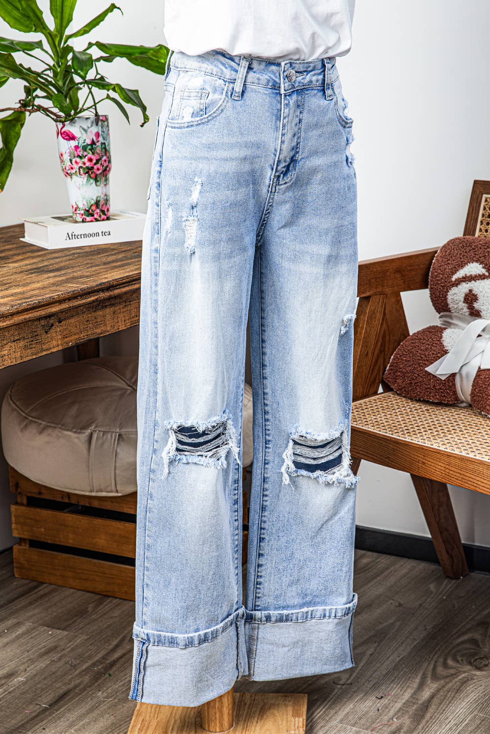Light Wash Distressed Cuffed Jeans