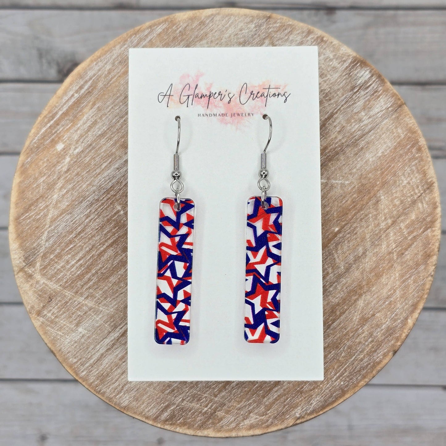Red & Blue Stars Skinny Acrylic Bar Earrings - 4th of July