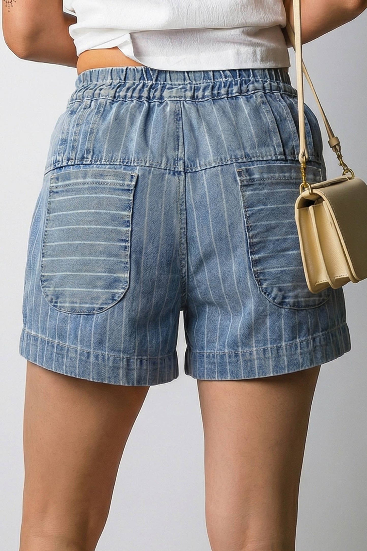 Stripe Button Pleated Drawstring Waist Casual Wide Leg Jeans
