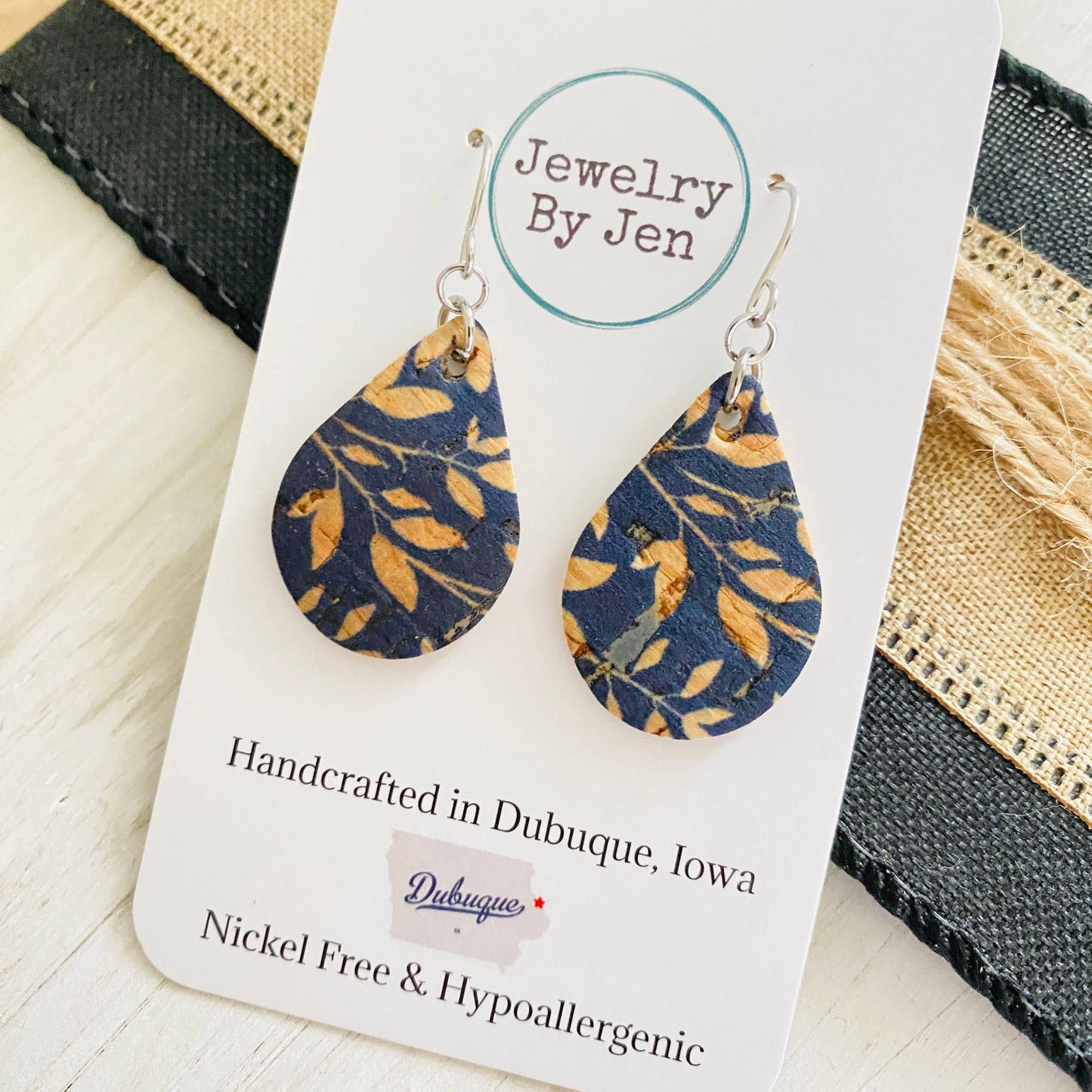 Small Teardrop Earrings: Navy Willow Cork