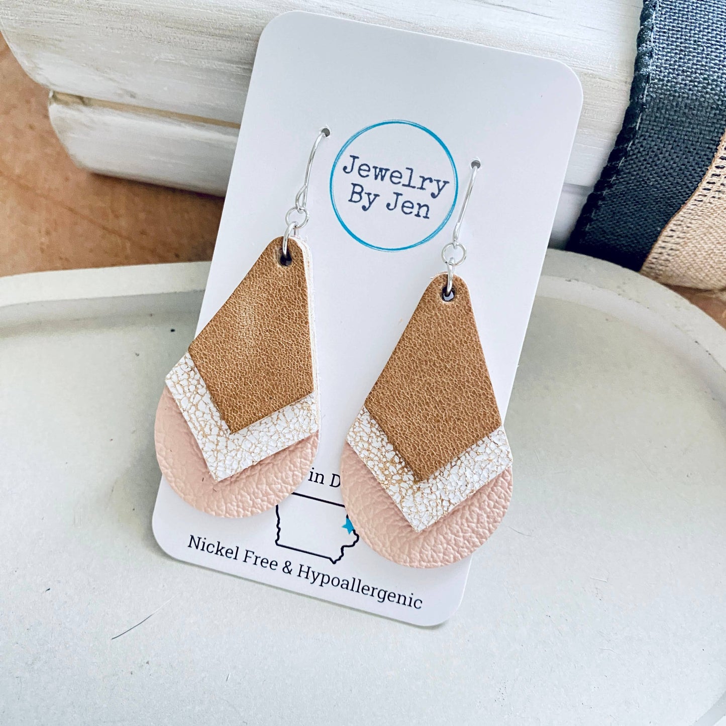 Triple Stacked Teardrop Earrings: Tan/Weathered White/Blush