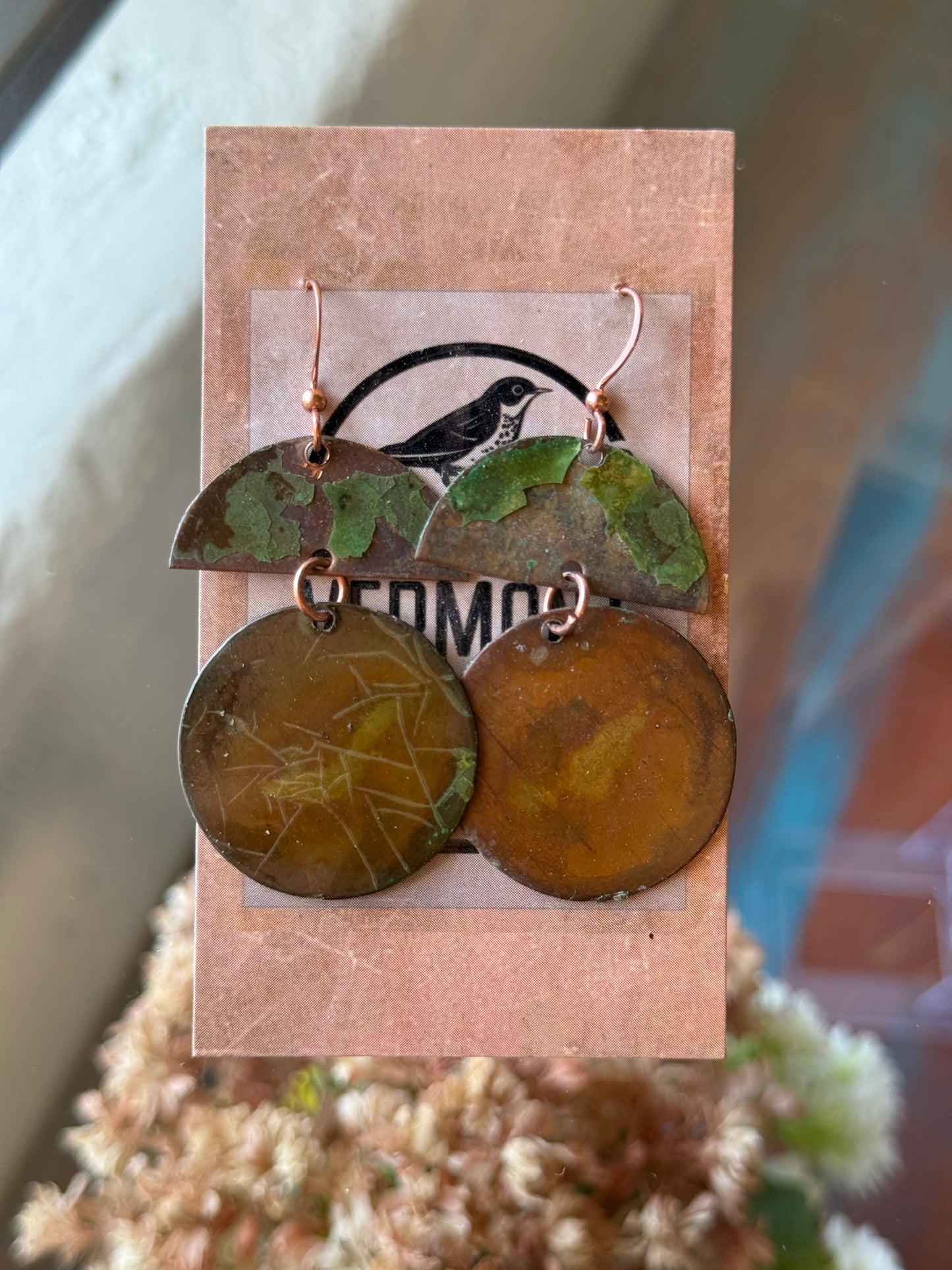 Patina Half Moon and Circle Copper Drop Earrings