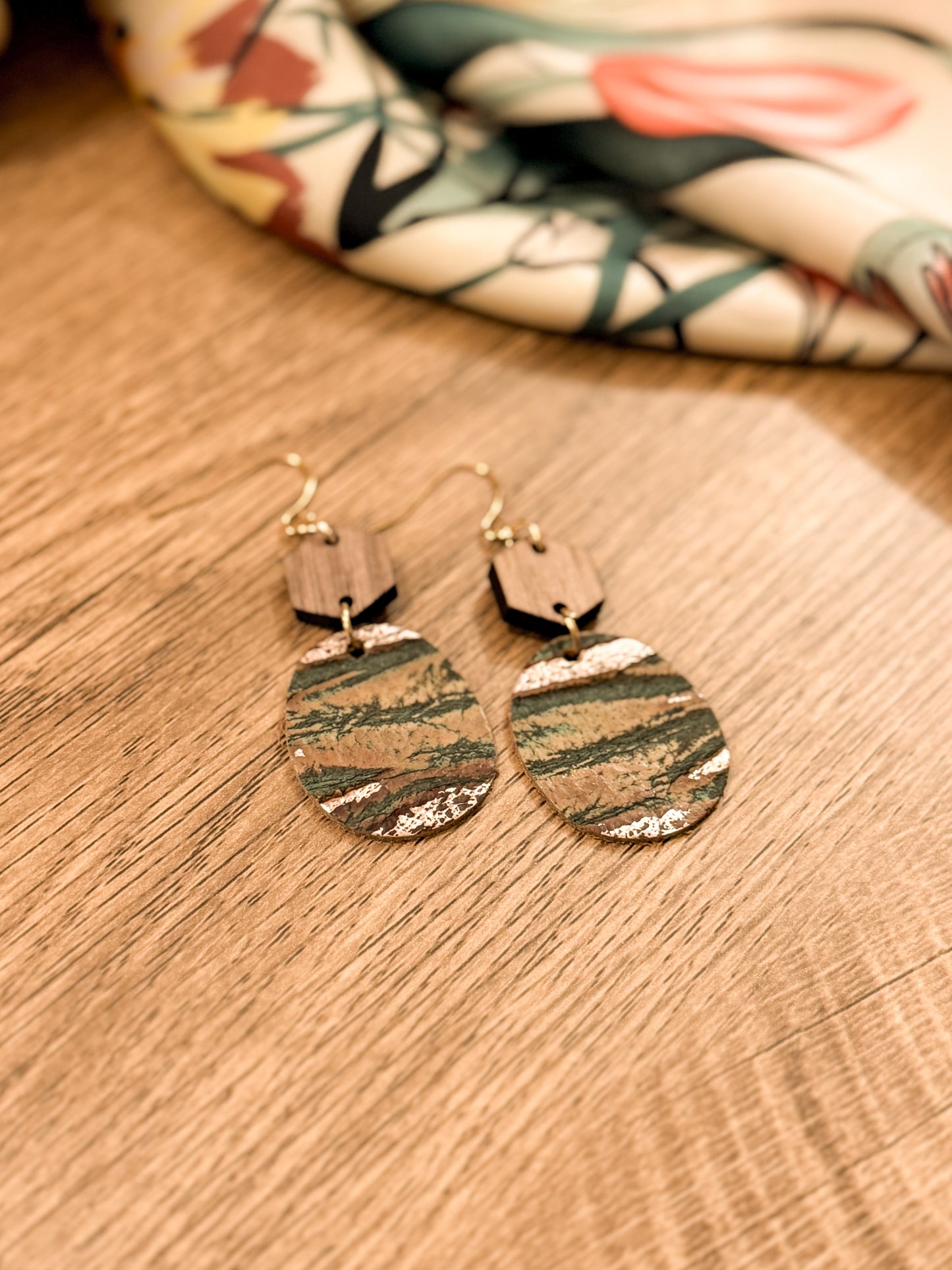 Wood Hexagon w/Aqua Bronze Earrings