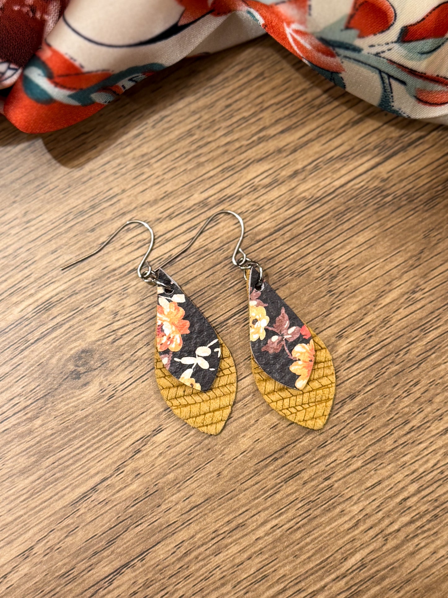 Skinny Layered Teardrop Earrings: Fall Floral & Mustard