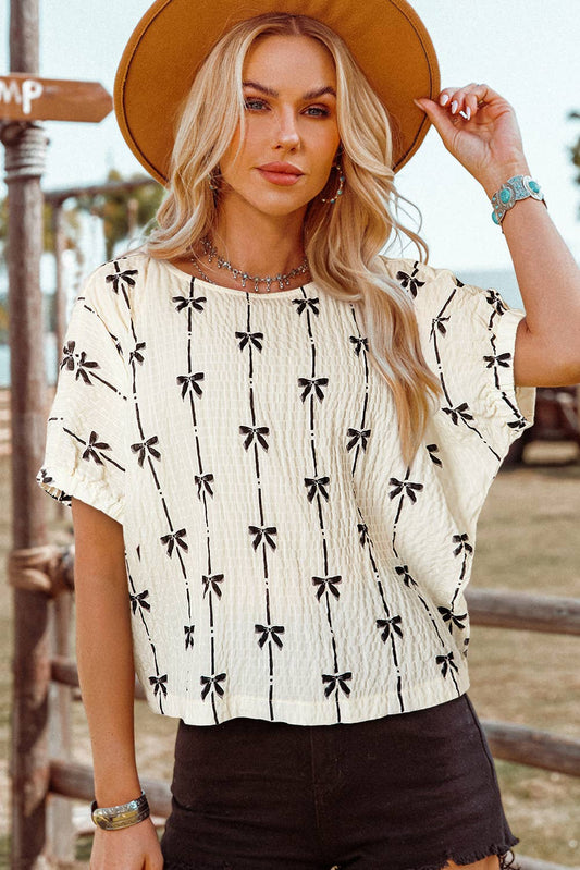 Bow Print Puff Short Sleeve Top