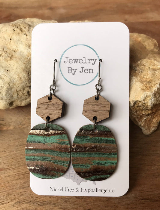 Wood Hexagon w/Aqua Bronze Earrings