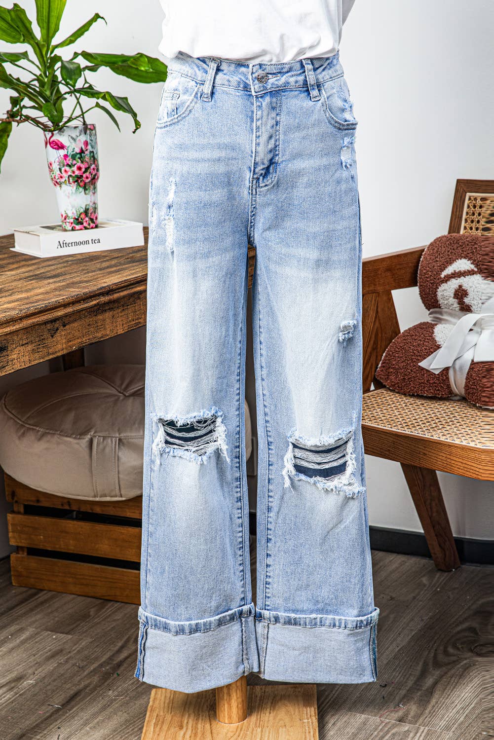 Light Wash Distressed Cuffed Jeans