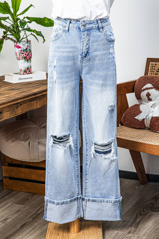 Light Wash Distressed Cuffed Jeans