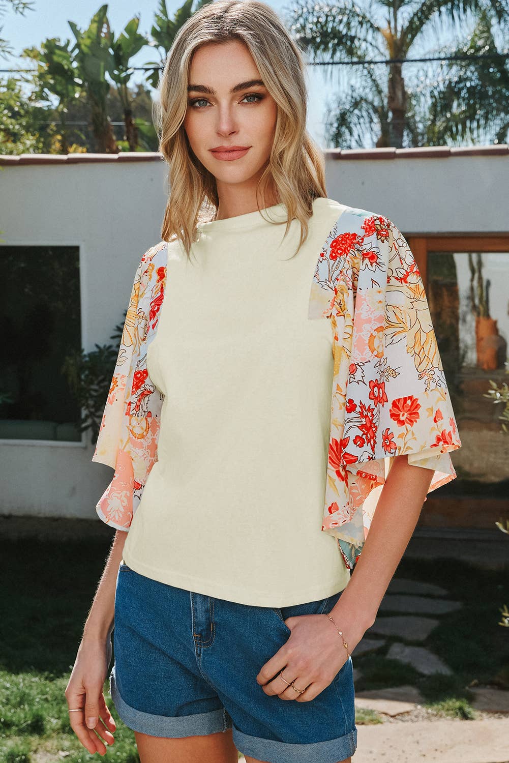 Floral Patchwork Half Batwing Sleeve Blouse