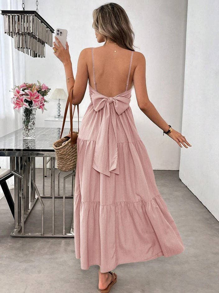Boho Beach Backless Bow Ruched Spaghetti Strap Dress