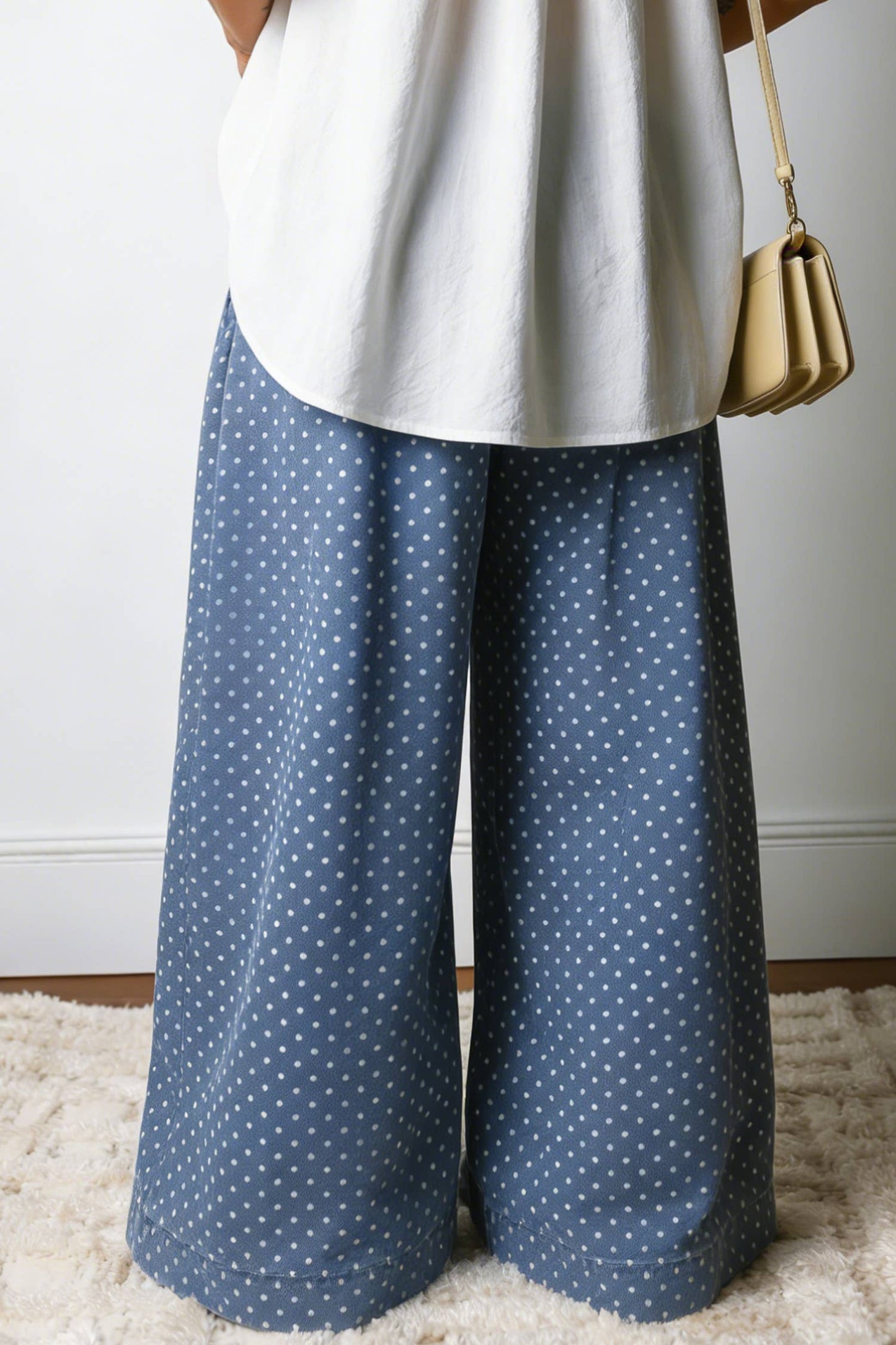 Stripe Button Pleated Drawstring Waist Casual Wide Leg Jeans