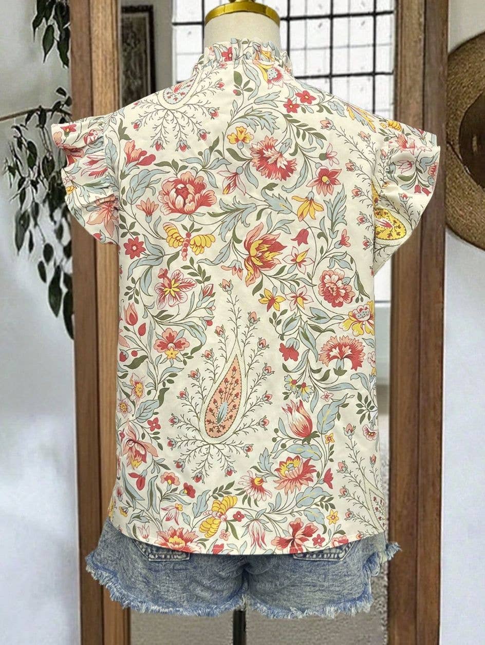Retro Floral Flutter Sleeve Blouse
