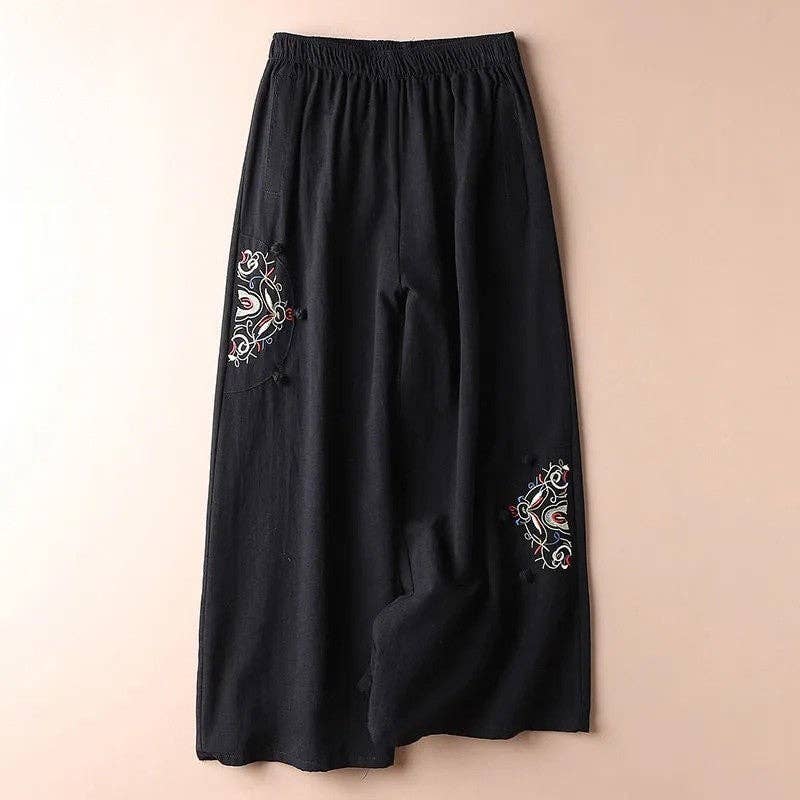 Vintage Black Embroidered Wide-Leg Cropped Pants