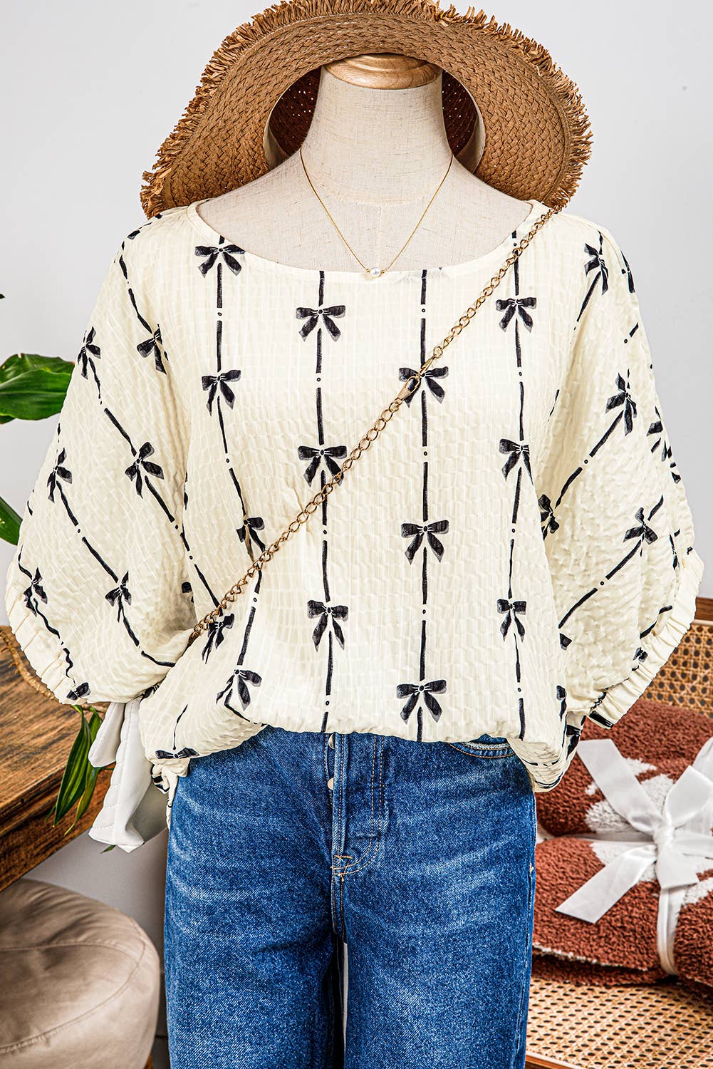 Bow Print Puff Short Sleeve Top