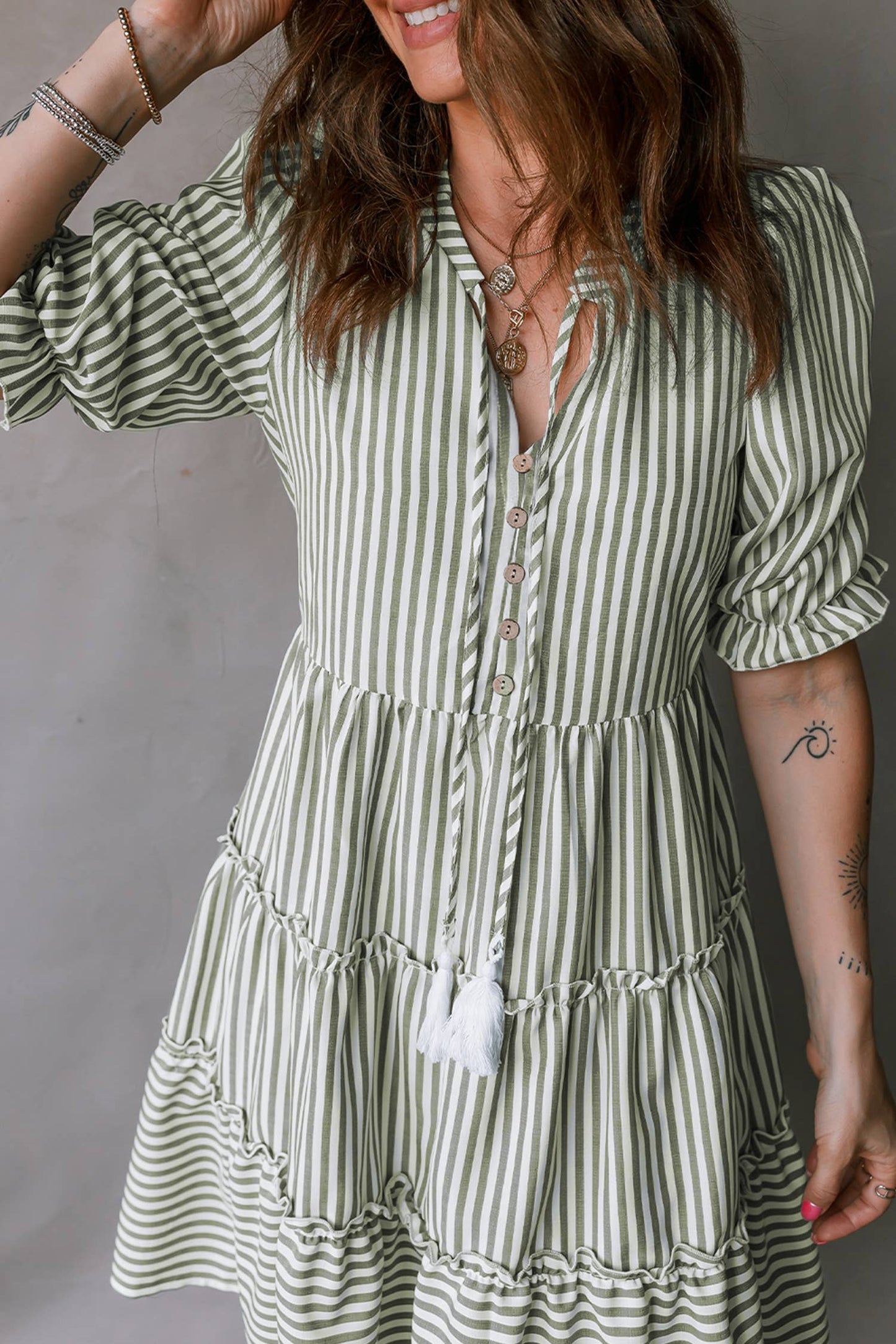 Tie Neck Ruffled Short Sleeve Tiered Flattering Dress