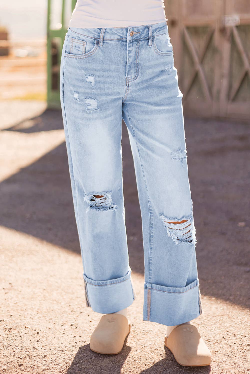 Light Wash Distressed Cuffed Jeans