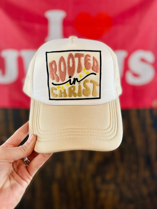 Rooted In Christ Embroidered Patch Foam Trucker Hat