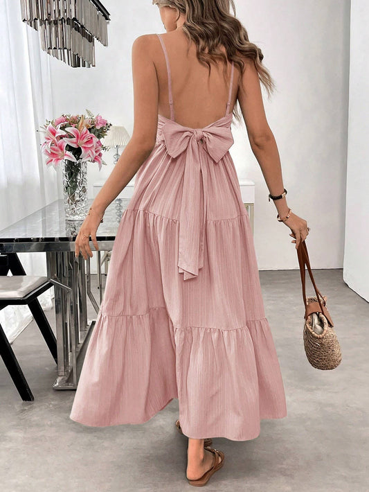 Boho Beach Backless Bow Ruched Spaghetti Strap Dress