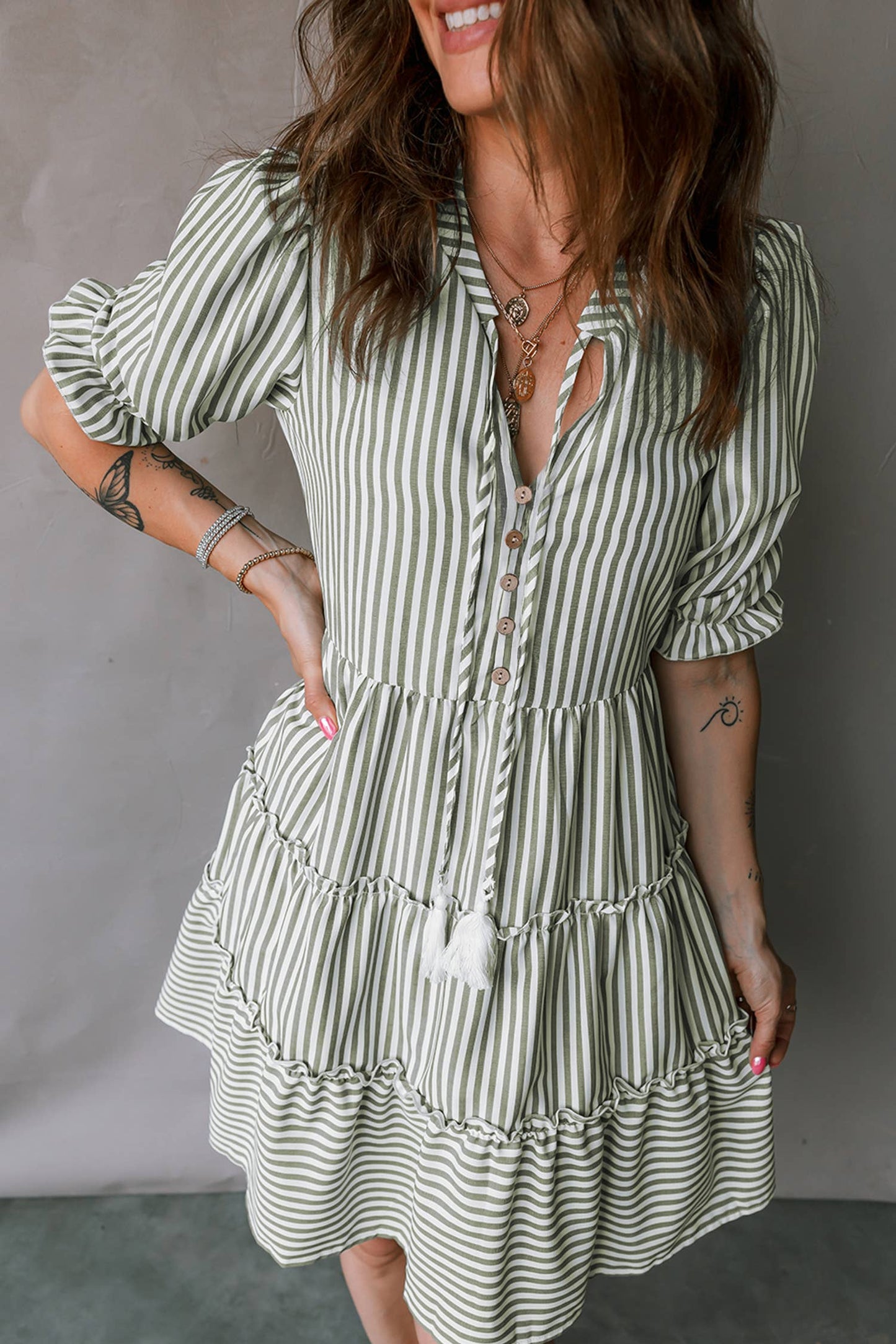 Tie Neck Ruffled Short Sleeve Tiered Flattering Dress