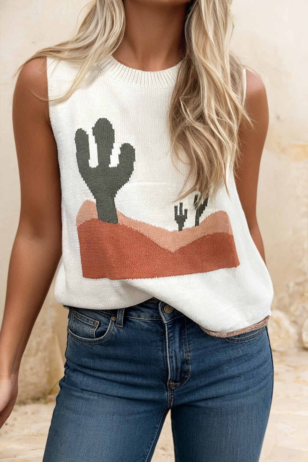Cactus Print Round Neck Sleeveless Top
