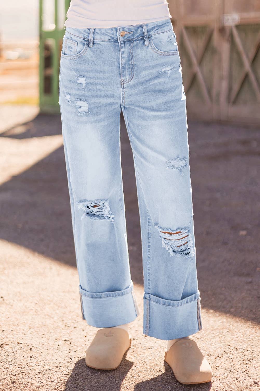 Light Wash Distressed Cuffed Jeans