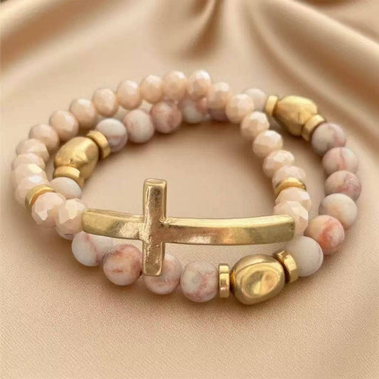 Stackable Large Cross Bracelets- Pink and Gold