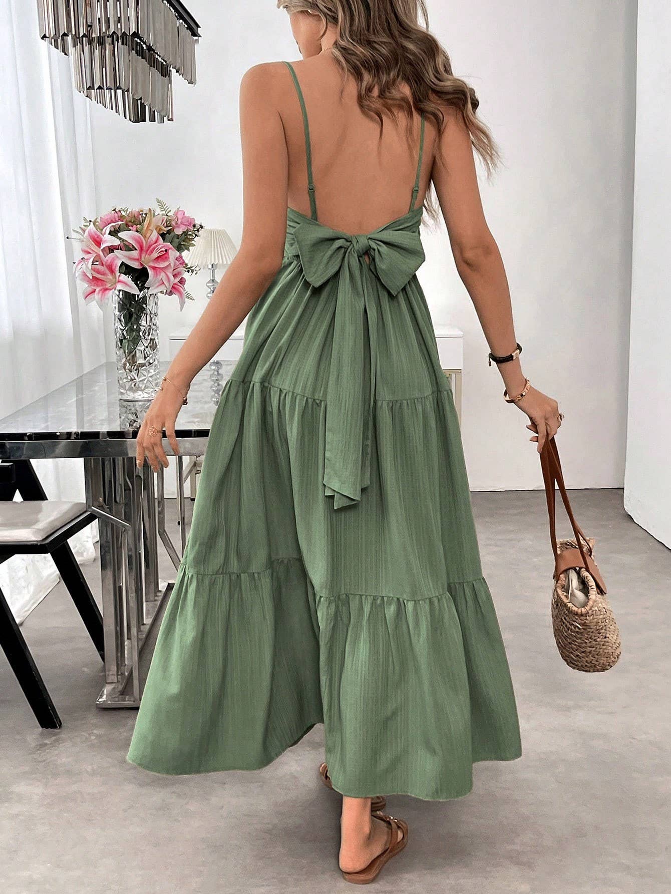 Boho Beach Backless Bow Ruched Spaghetti Strap Dress
