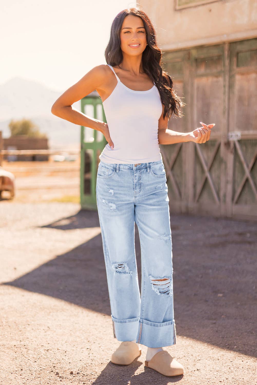 Light Wash Distressed Cuffed Jeans