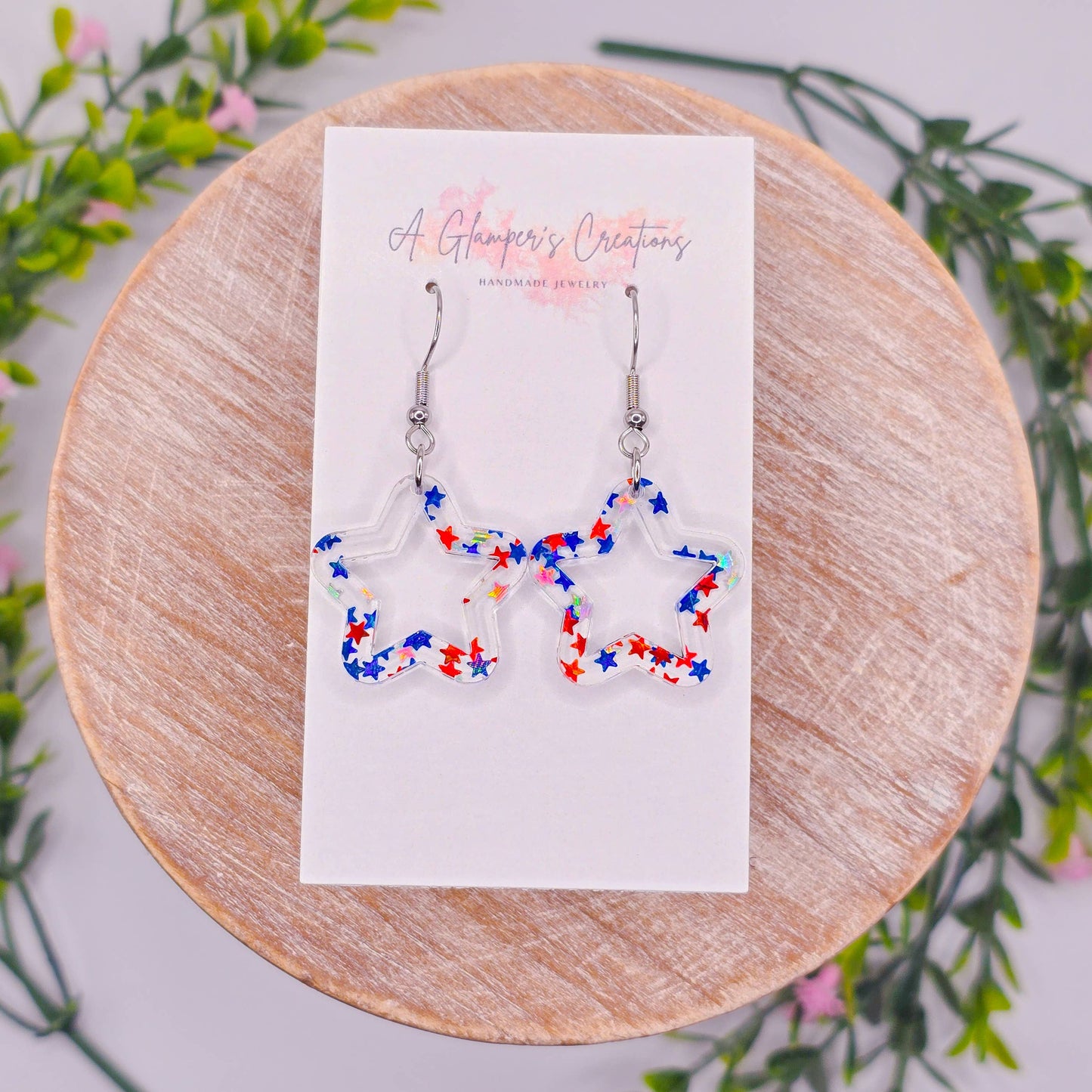 4th of July Red Blue Silver Stars Acrylic Earrings