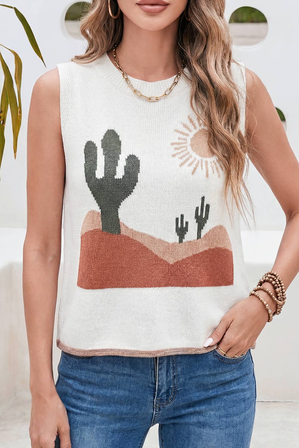 Cactus Print Round Neck Sleeveless Top