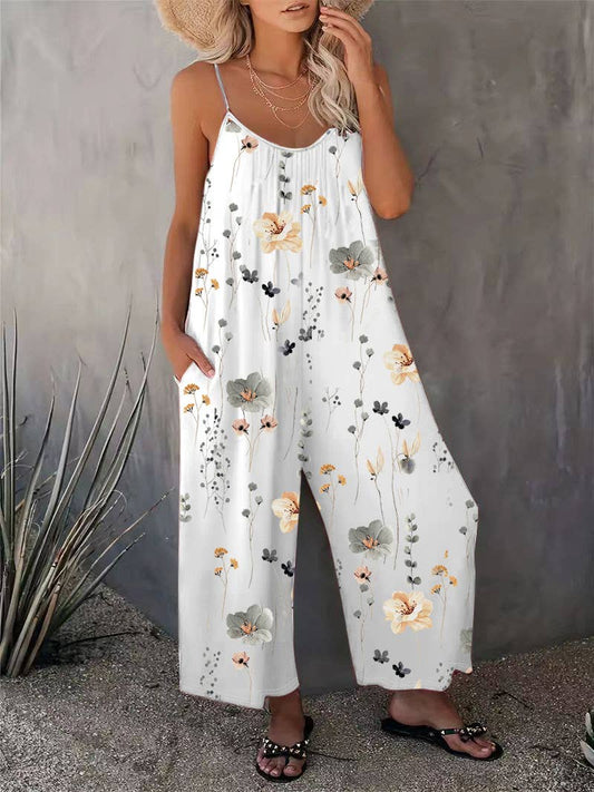 Casual Sleeveless Floral Print Jumpsuit
