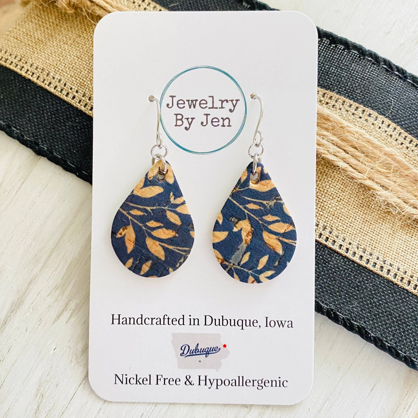 Small Teardrop Earrings: Navy Willow Cork