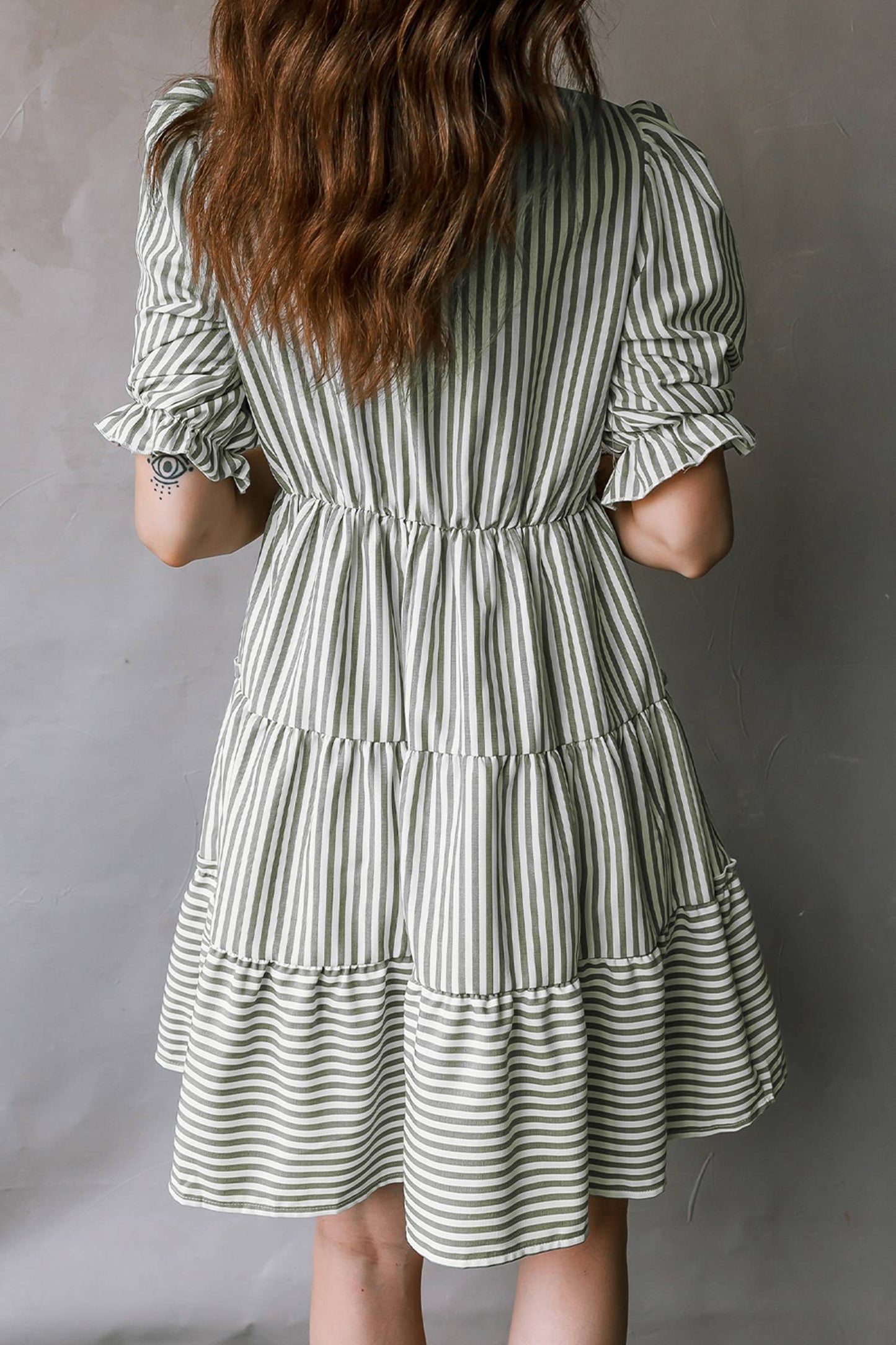 Tie Neck Ruffled Short Sleeve Tiered Flattering Dress