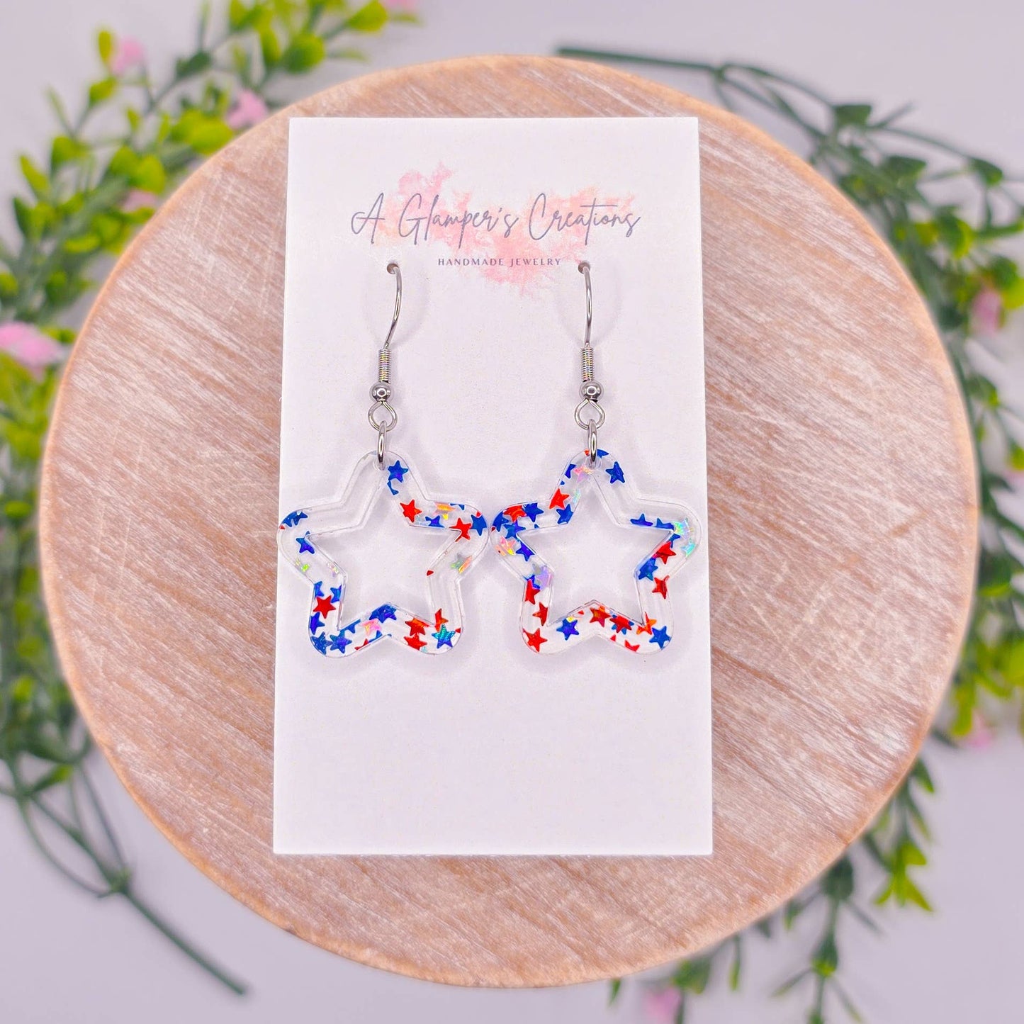4th of July Red Blue Silver Stars Acrylic Earrings