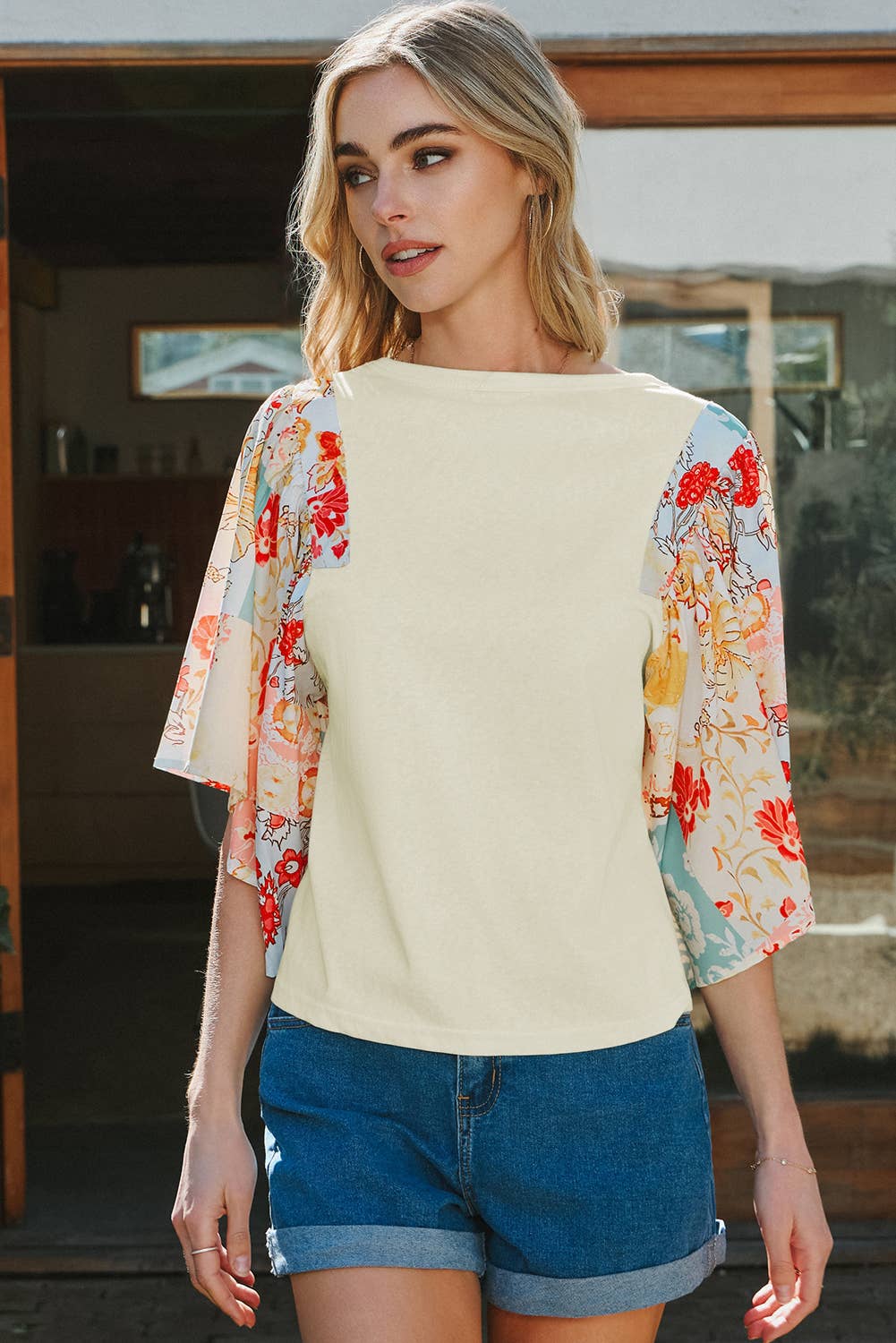 Floral Patchwork Half Batwing Sleeve Blouse