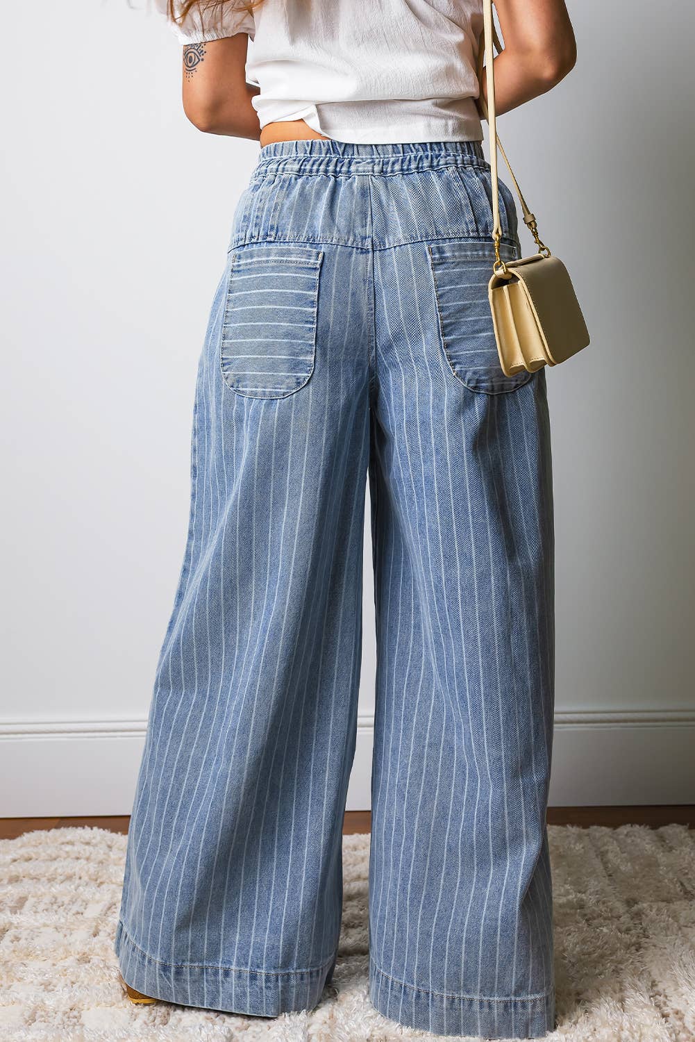 Stripe Button Pleated Drawstring Waist Casual Wide Leg Jeans
