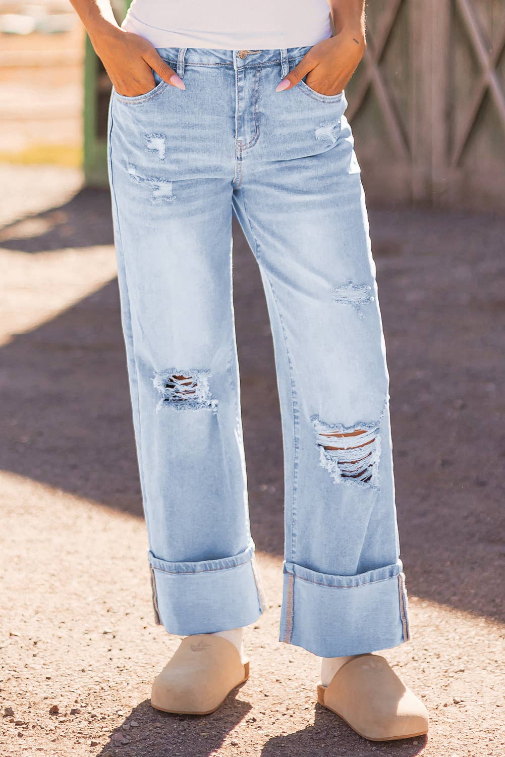 Light Wash Distressed Cuffed Jeans