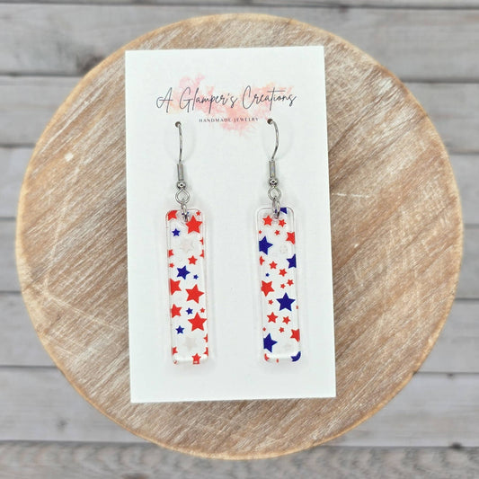 Red White & Blue Stars Skinny Acrylic Bar Earrings