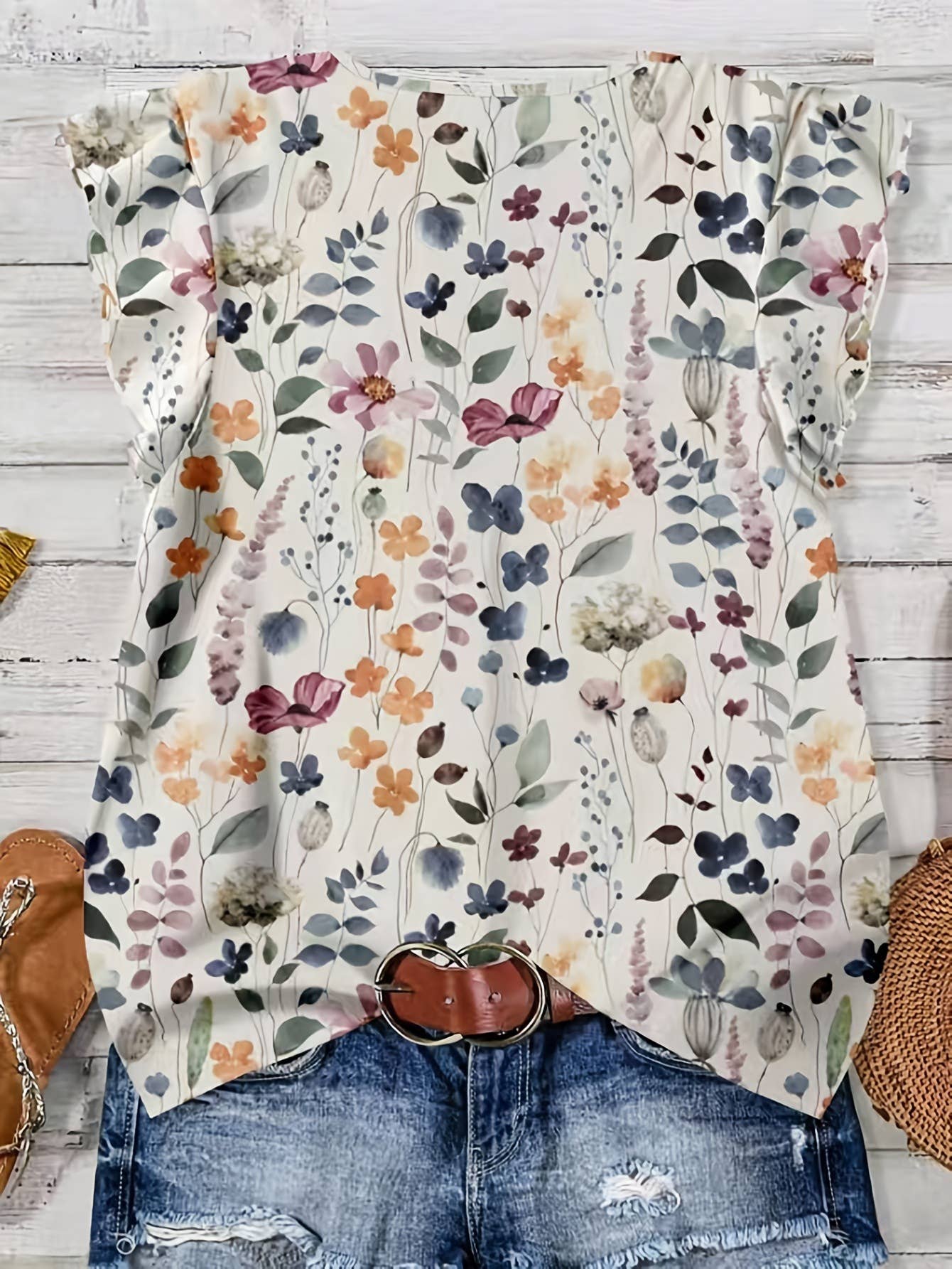 Watercolor Wildflower Flutter Sleeve V-Neck Top