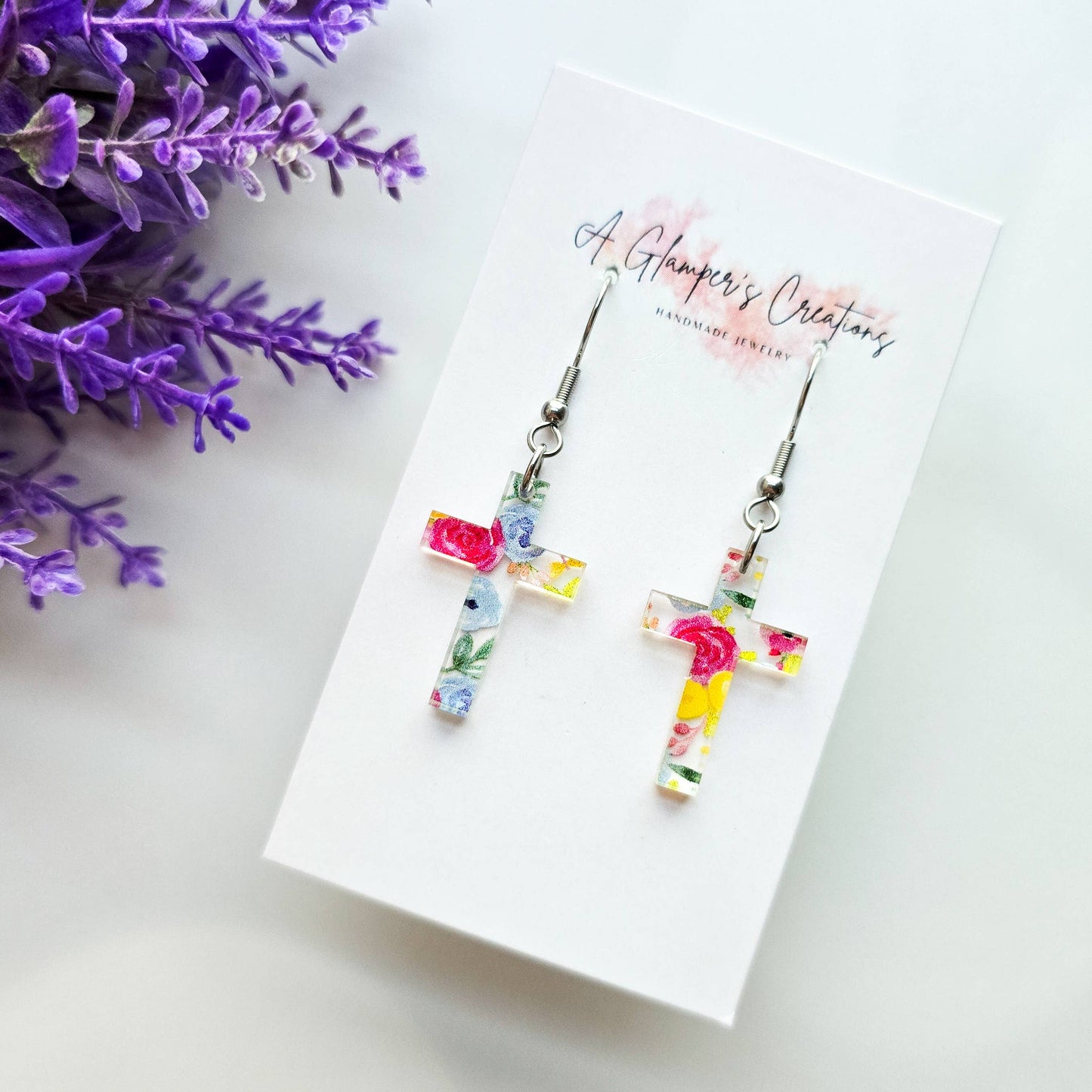 Spring Floral Acrylic Cross Earrings