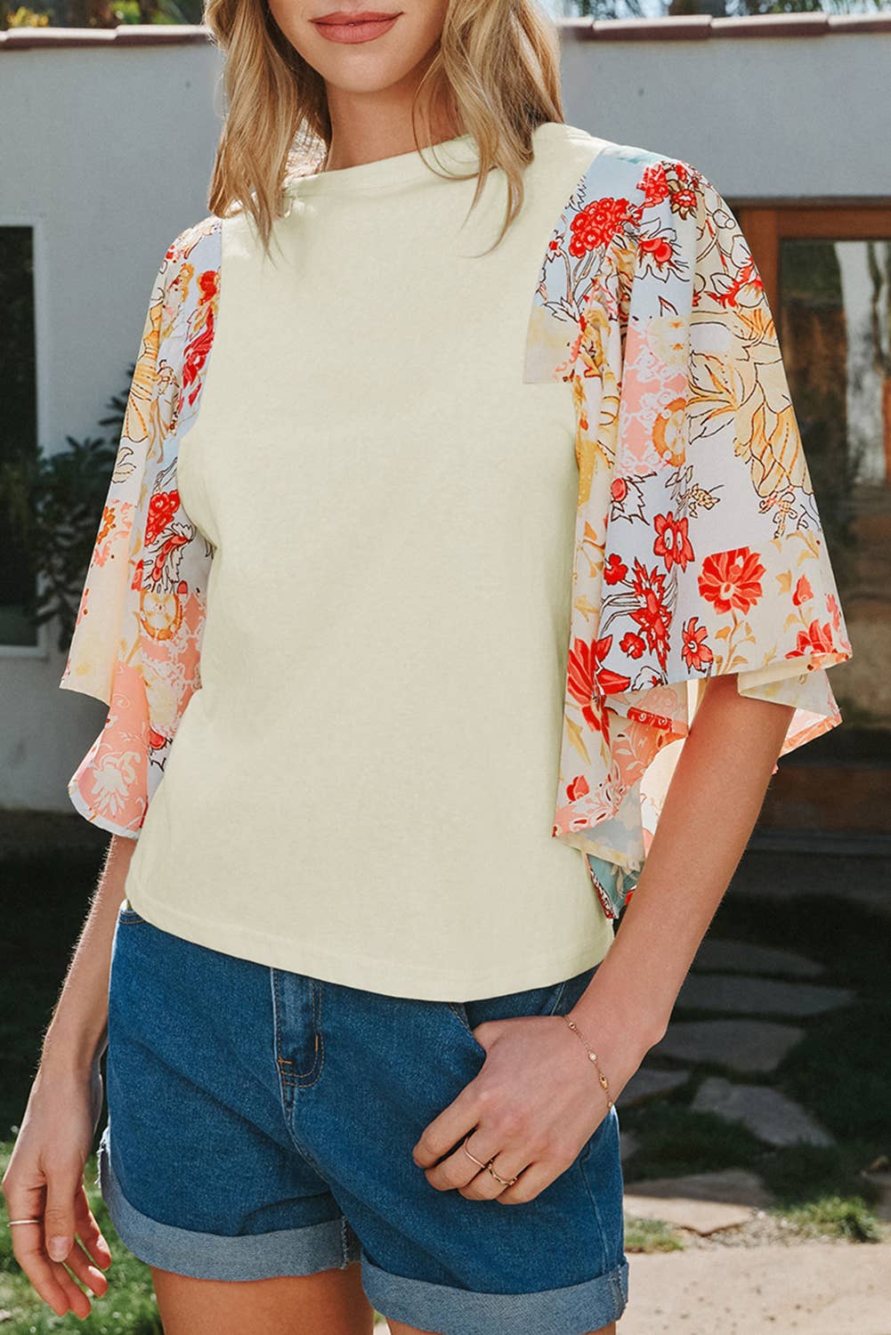 Floral Patchwork Half Batwing Sleeve Blouse