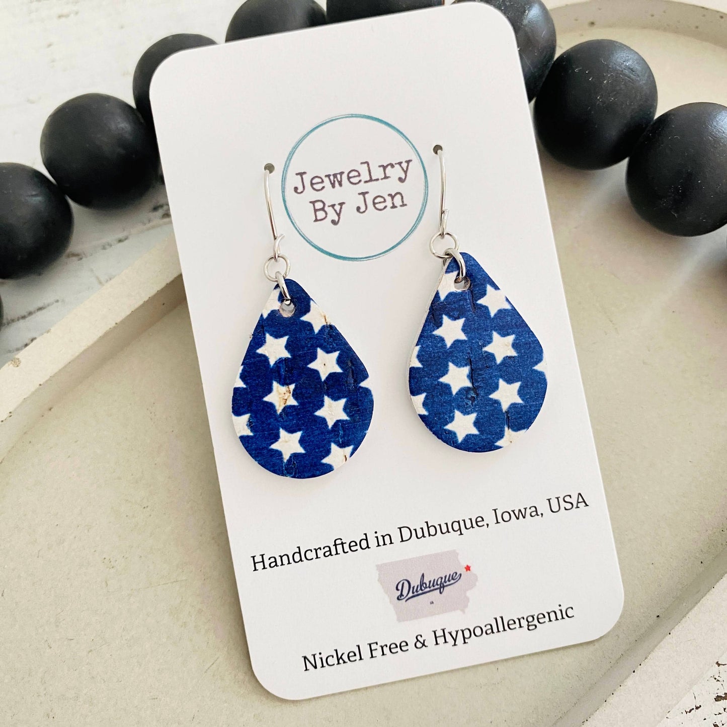 Small Teardrop Earrings: White Stars on Blue