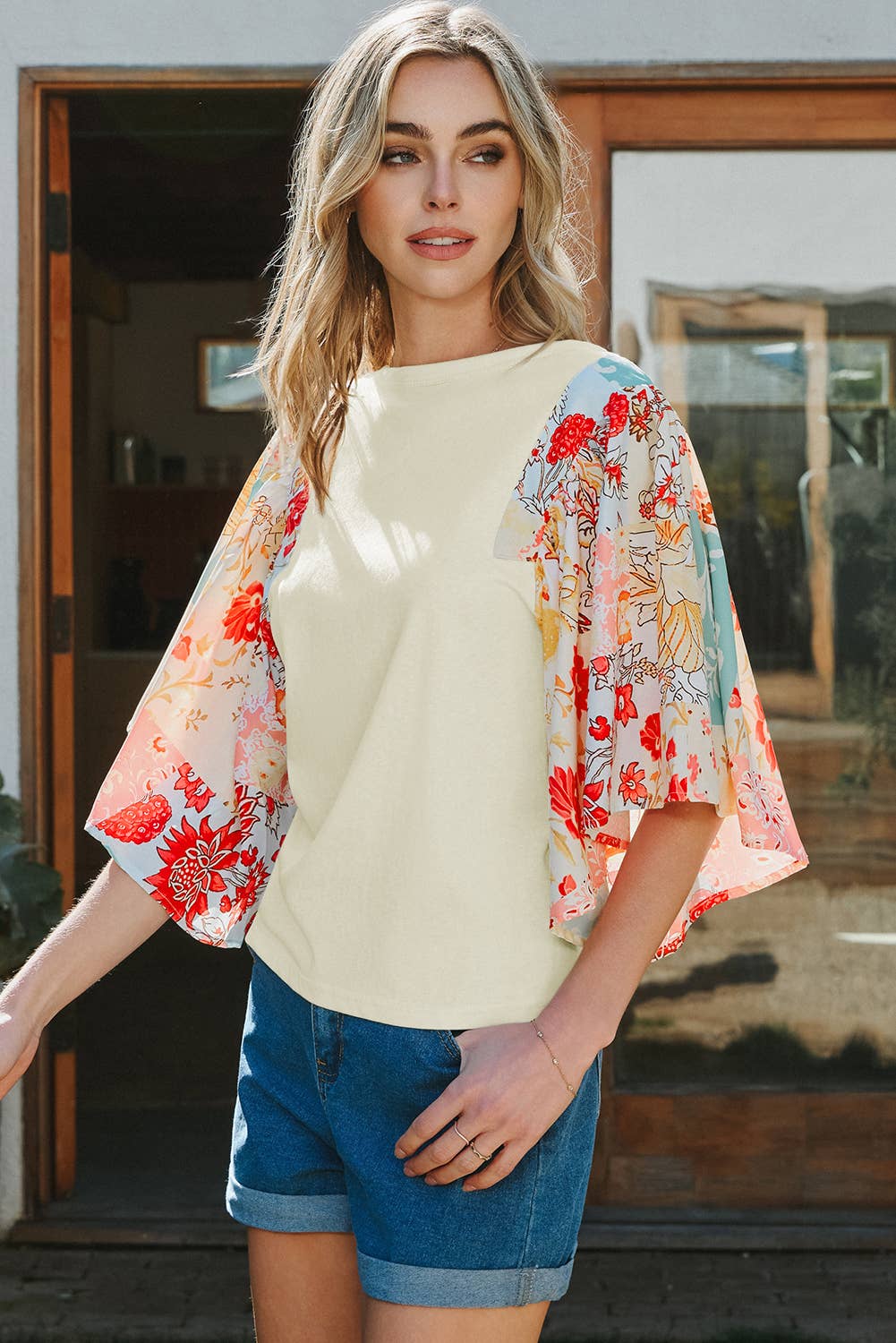 Floral Patchwork Half Batwing Sleeve Blouse