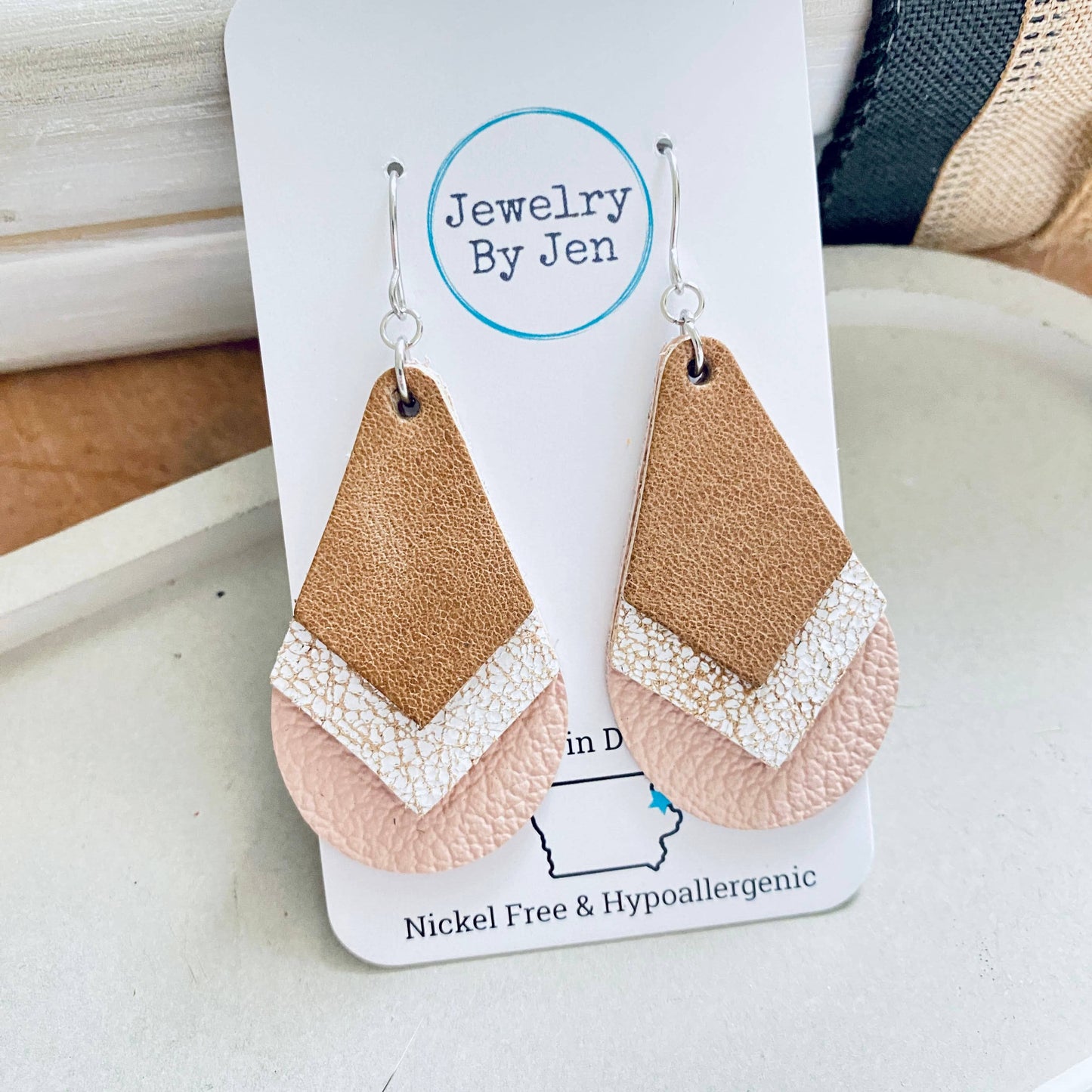 Triple Stacked Teardrop Earrings: Tan/Weathered White/Blush