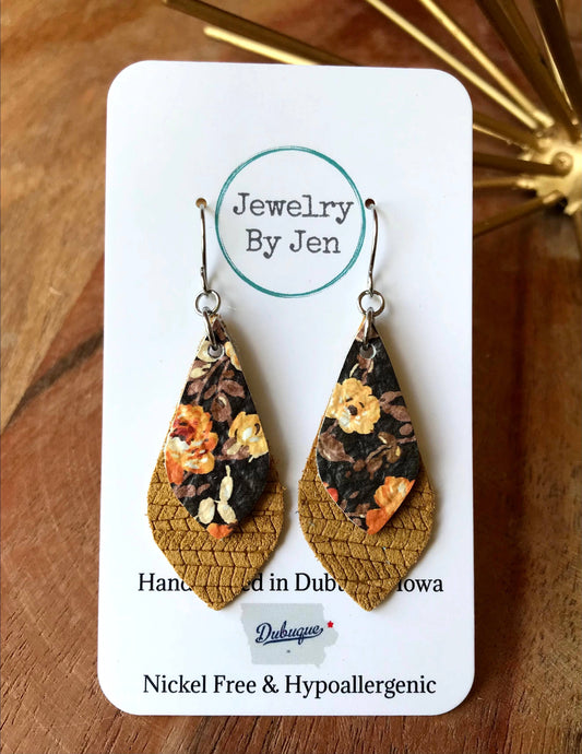 Skinny Layered Teardrop Earrings: Fall Floral & Mustard