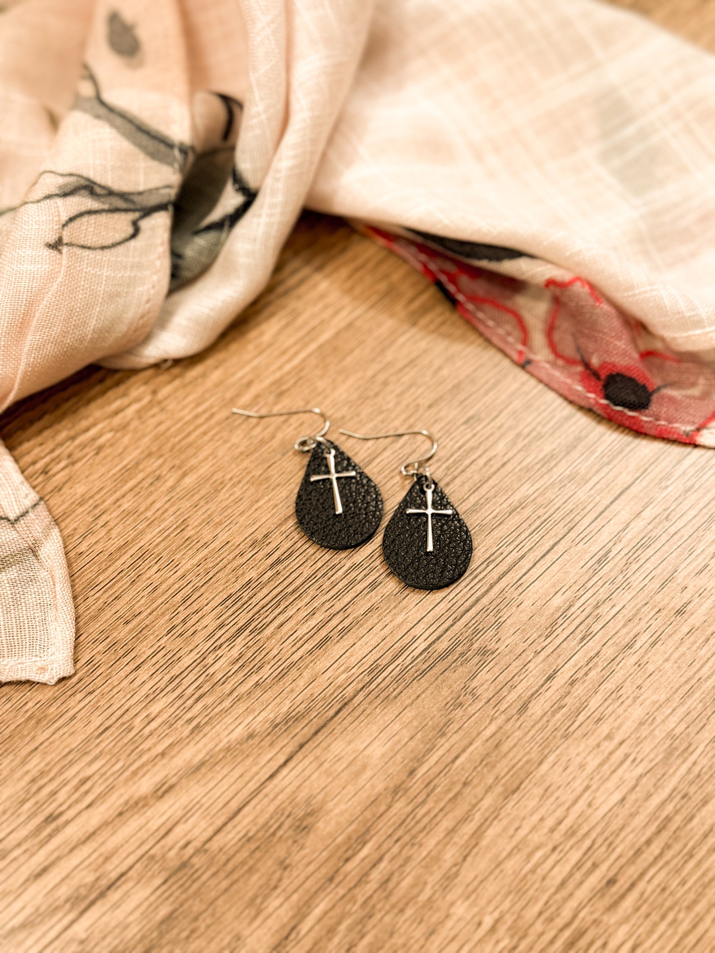 Teardrop Earring w/Cross Charm (Brown or Black)