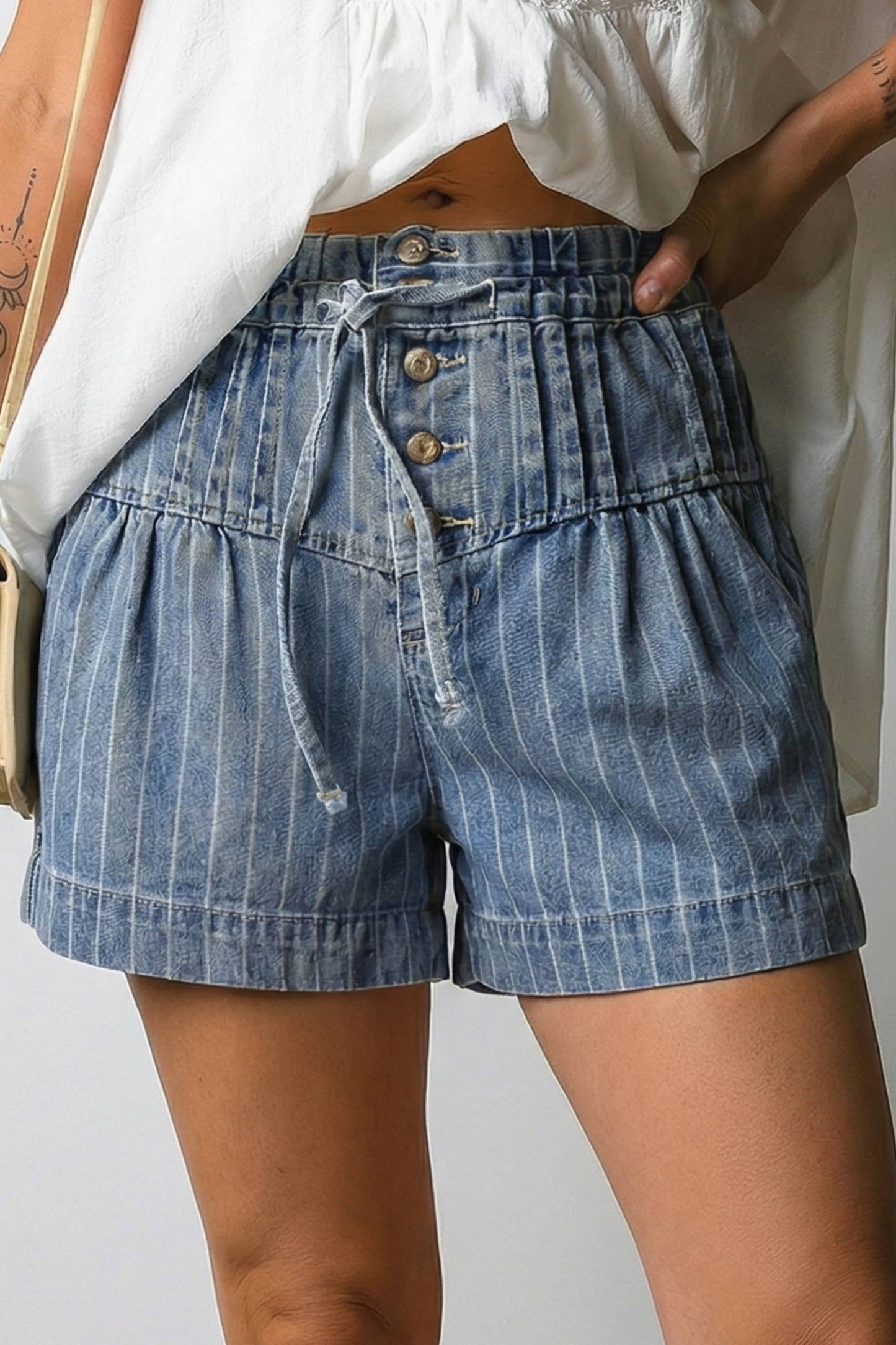 Stripe Button Pleated Drawstring Waist Casual Wide Leg Jeans