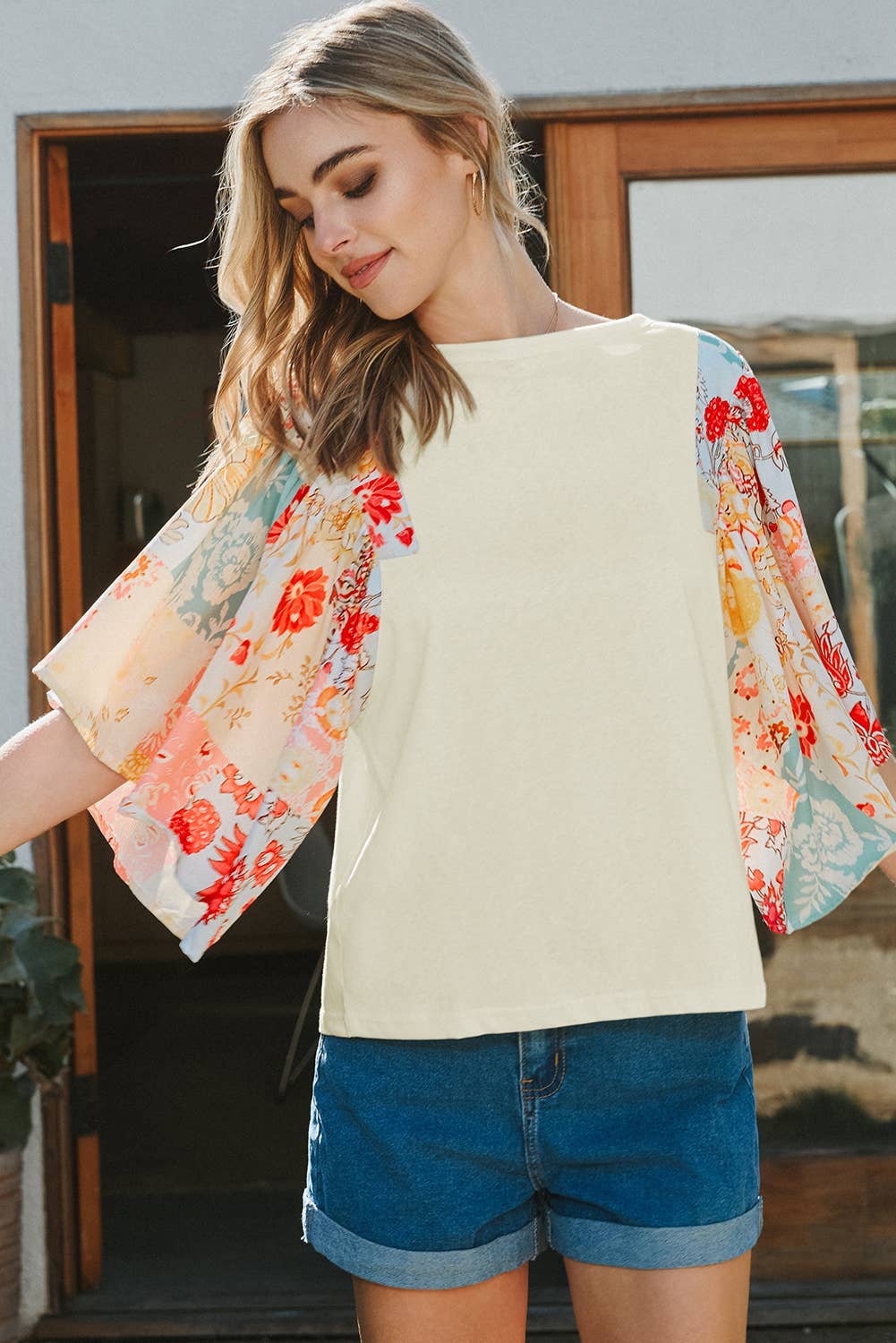 Floral Patchwork Half Batwing Sleeve Blouse
