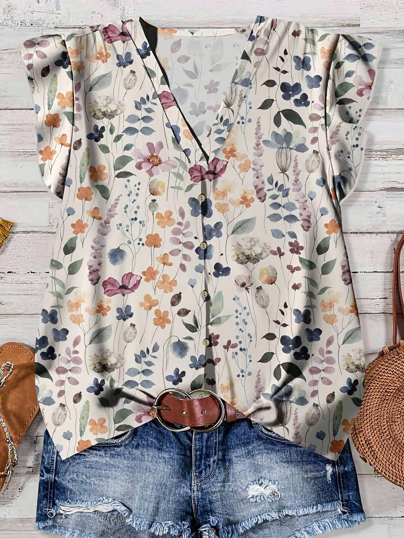 Watercolor Wildflower Flutter Sleeve V-Neck Top